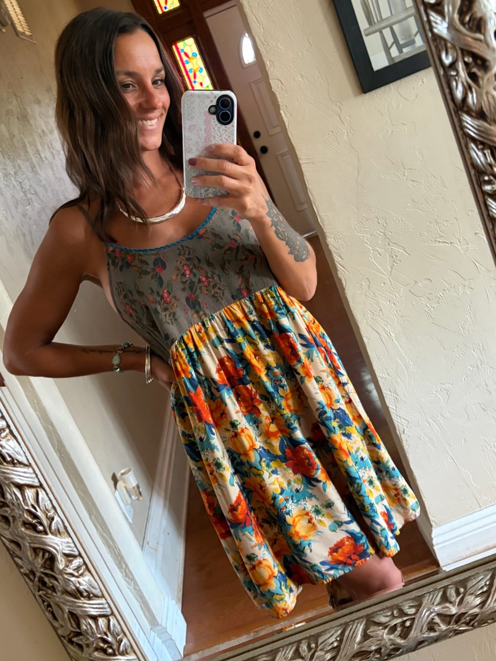 NATURAL LIFE Gray Bodice Floral Tiered Mini Dress - Yellow, Orange & Blue
